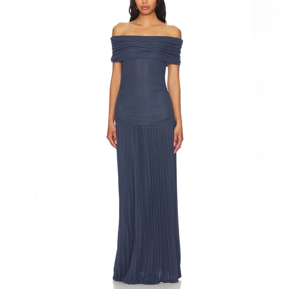 Lioness field of dreams dress knit maxi Navy Blue off shoulder Revolve L